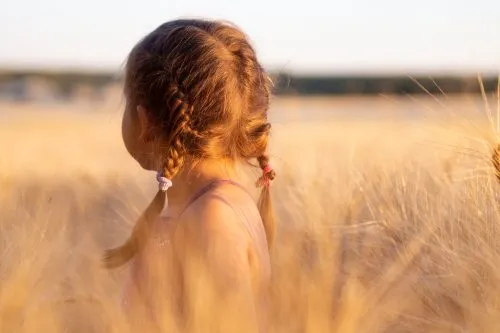 Girl with braids in a field of golden wheat, facing away.